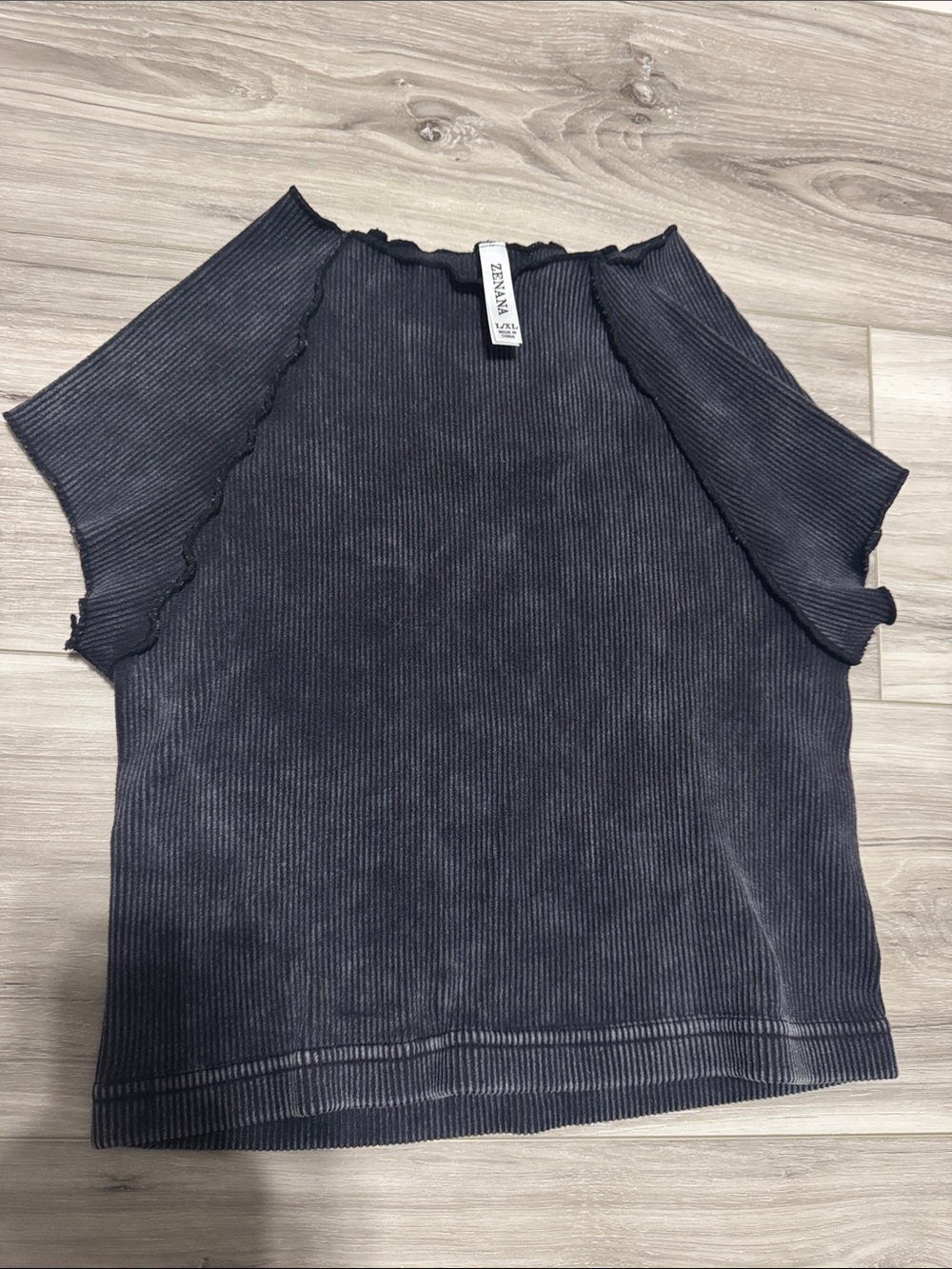 Zenana Outfitters Ash Black Ribbed Short Sleeve crop Top with Lettuce Edge